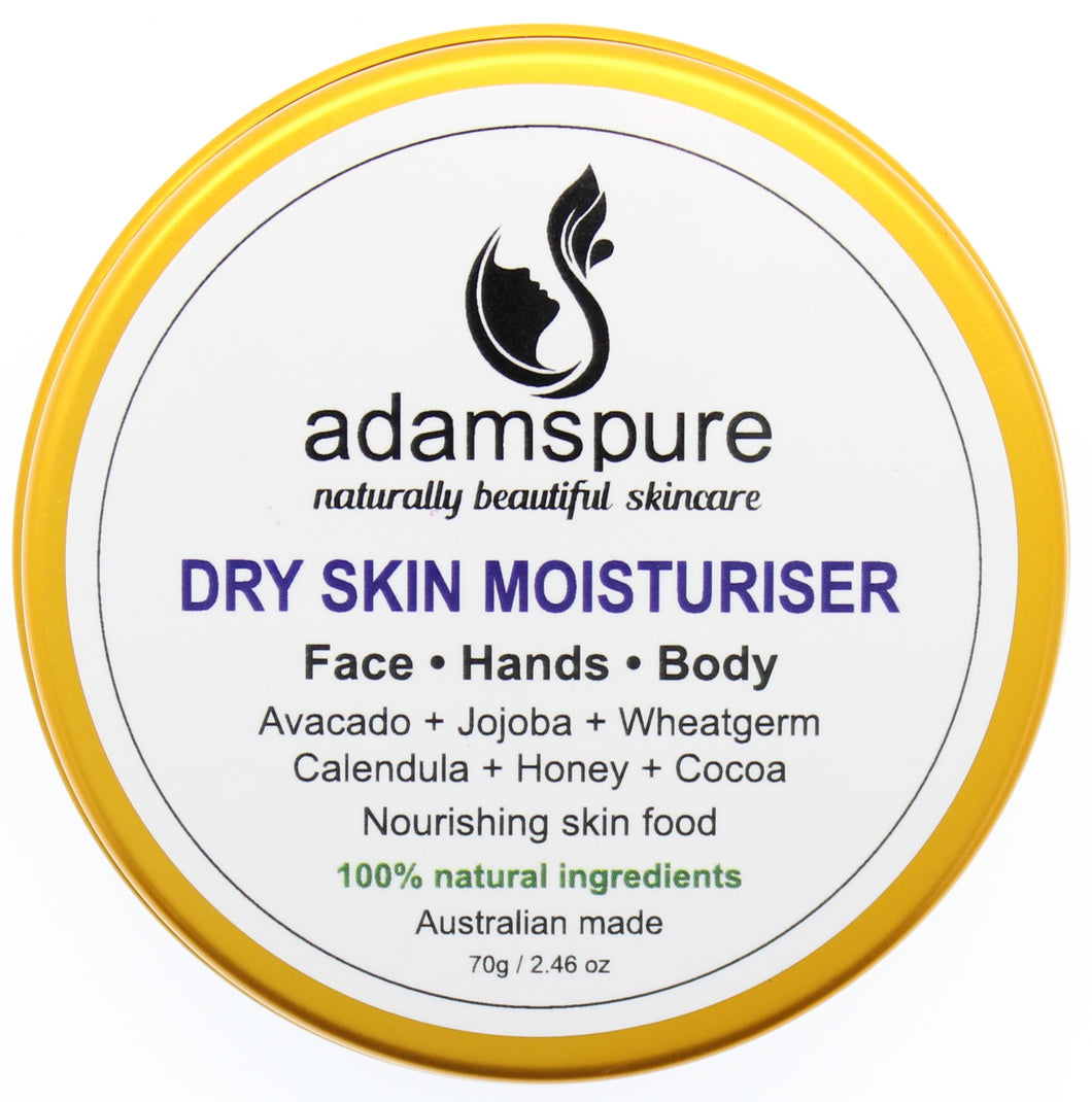 Dry Skin moisturiser, for face hands and body. 100% natural ingredients Avocado Jojoba Wheatgerm Calendula Honey and Cocoa. Nourishing skin food 